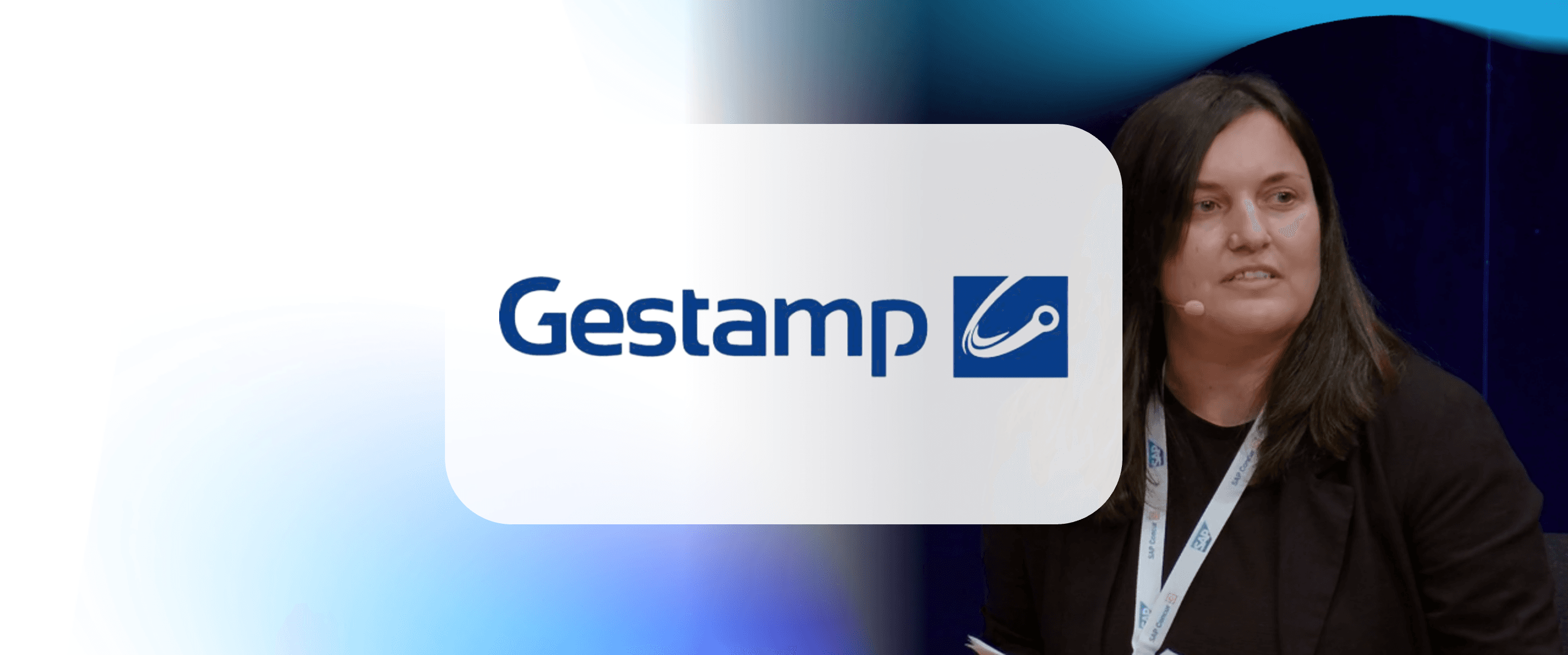 logo gestamp y detras una señora hablando